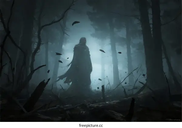 Mysterious hooded figure standing in foggy forest at night