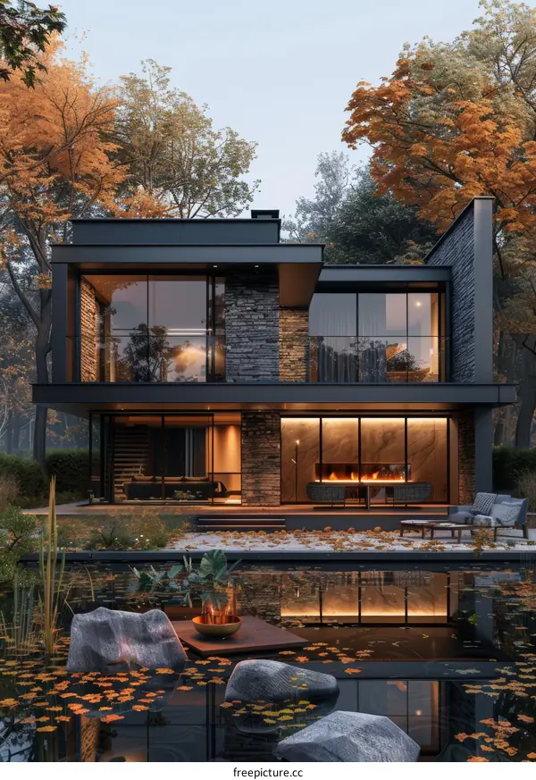 A Stunning Modern House With a Pool and a Fireplace