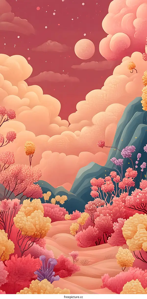 Pink and Yellow Landscape with Trees and Mountains