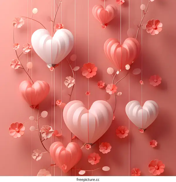 3D pink paper hearts and flowers