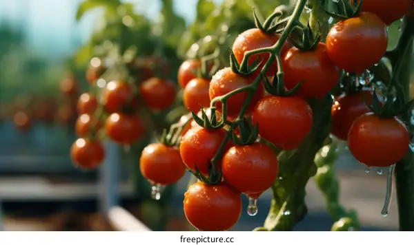 Close-up of ripe tomatoes growing in a greenhouse
