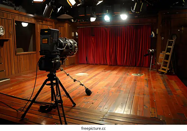 Professional Video Camera On Tripod In Stage Studio