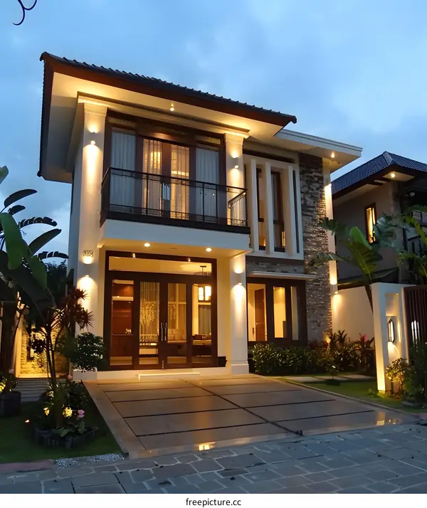 Modern Two Story House With Stone Wall And Balconies At Dusk