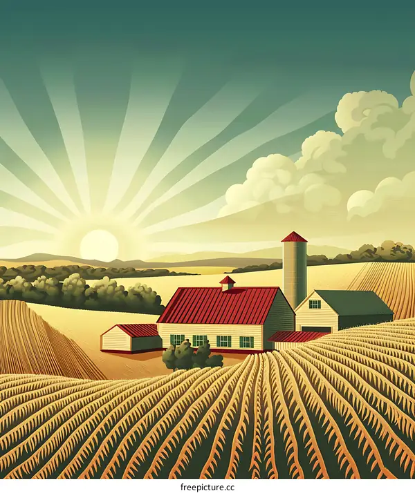 Farmhouse at Sunset with Golden Wheat Fields