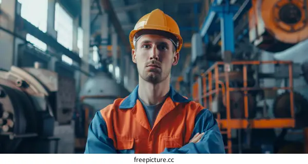 Portrait of a male factory worker wearing a hard hat and safety glasses