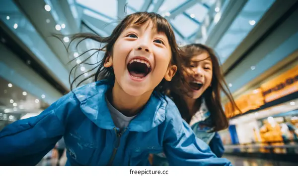 Two young girls are having fun in an airport