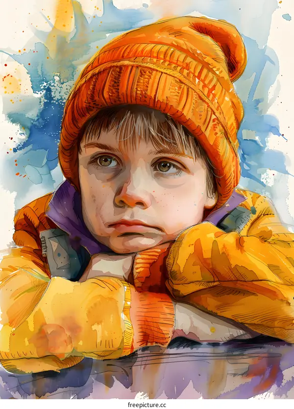 watercolor painting of a boy in an orange beanie