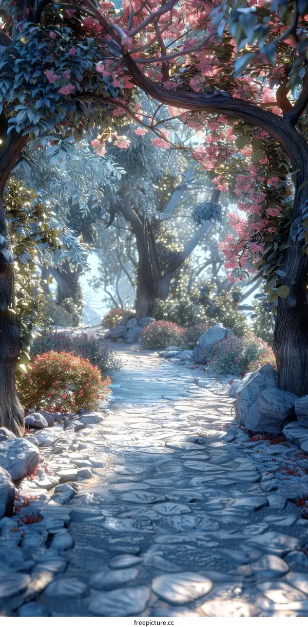 Enchanted Pink Flower Forest Path