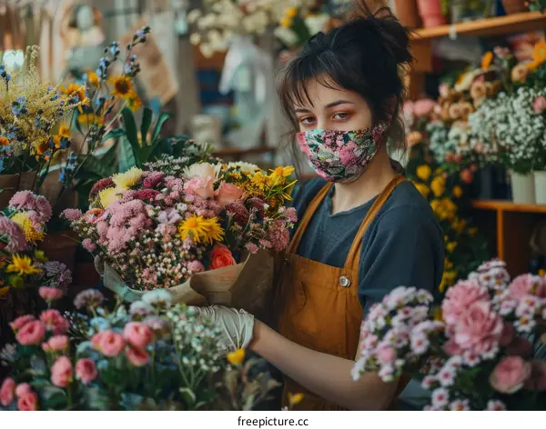 Young woman florist in protective mask working in flower shop