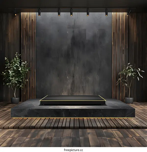 Black Platform With Golden Edge On Wooden Floor Minimalist Background