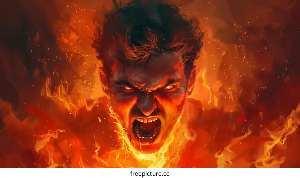 Portrait of a man screaming in agony with flames surrounding his head