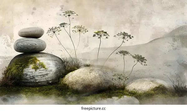 Stacked Stones And Green Plants On A Background With Hills