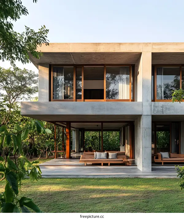Modern Concrete House with Large Windows and Outdoor Patio