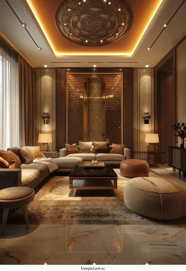 Modern Living Room Interior Design with Golden Ceiling Decoration