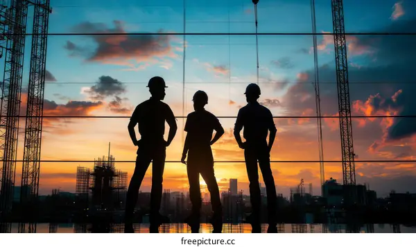 Construction Workers Silhouette at Sunset View