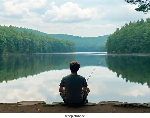 Man Fishing by Lake with Green Trees in Background