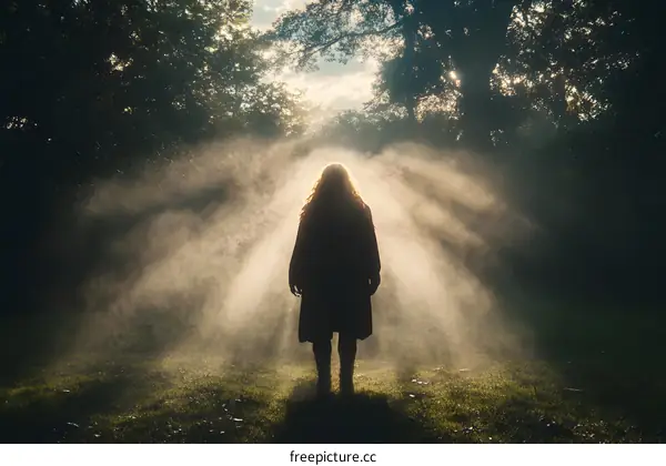 Silhouette of a Woman Standing in a Forest with Sunlight Shining Through the Trees