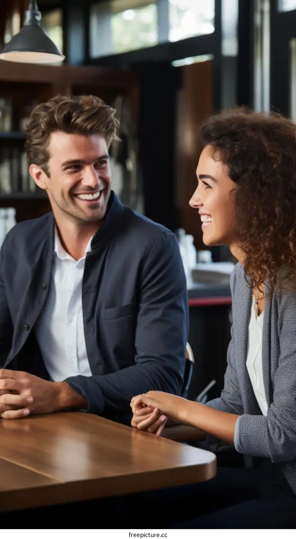 A man and a woman are sitting at a table in a restaurant talking and laughing
