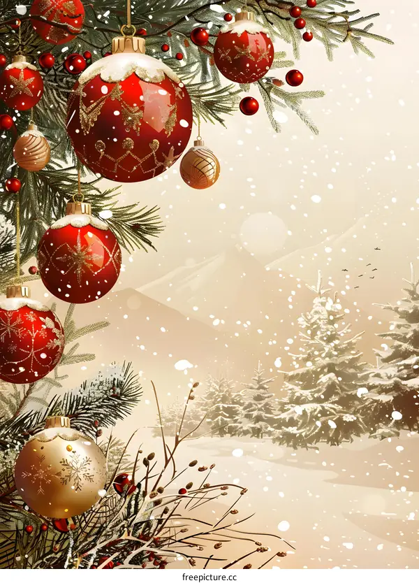 Christmas tree decorated with Christmas balls in the snow