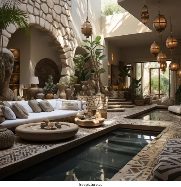 Modern Oasis Living Space with Stone, Wood, and Water Features