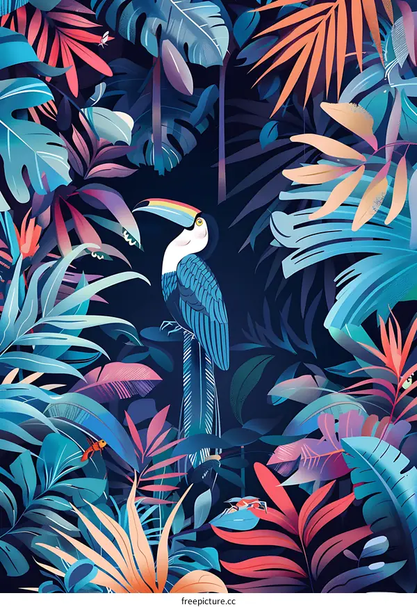 Tropical Bird Illustration with Lush Foliage