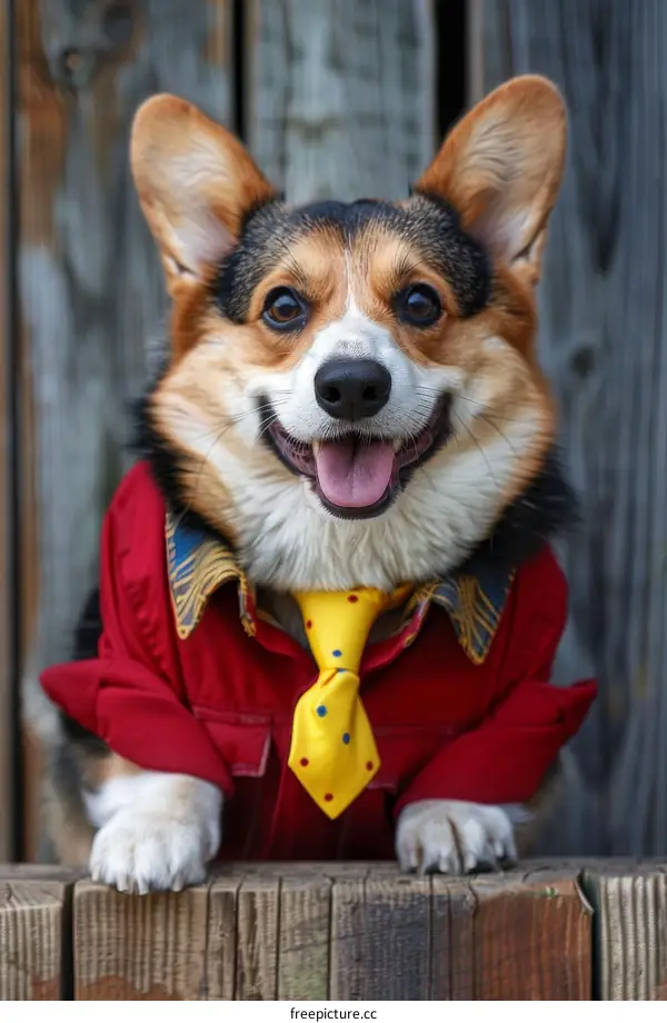A cute corgi dog wearing a red shirt and yellow tie