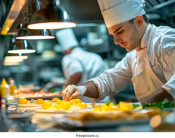 Young male chef carefully plating food in a commercial kitchen