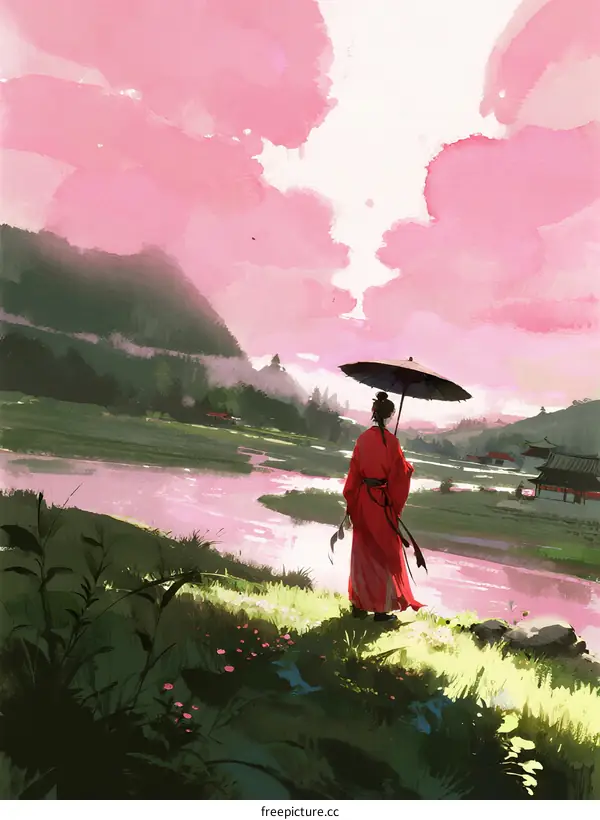 A Person in Red Robe Standing by a River Under Pink Sky