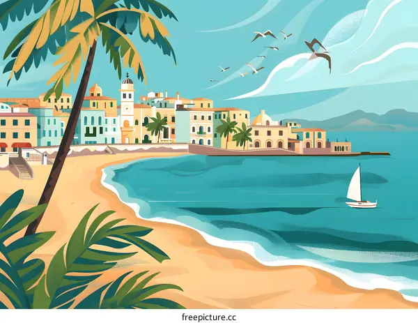 Coastal Town Landscape With Palm Trees and Sailboat