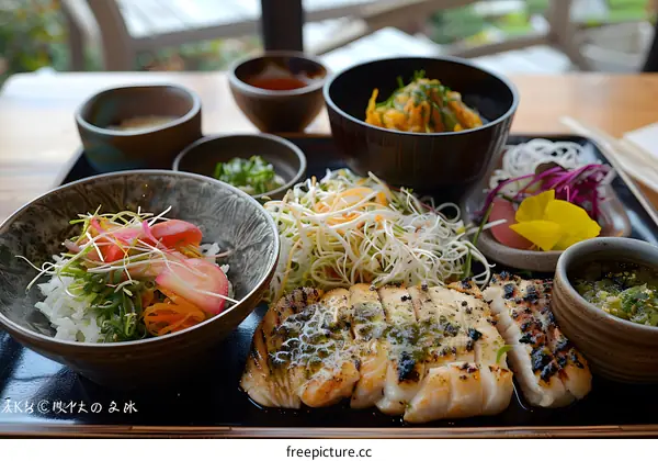 Japanese Food Plate with Grilled Fish, Rice, and Salad