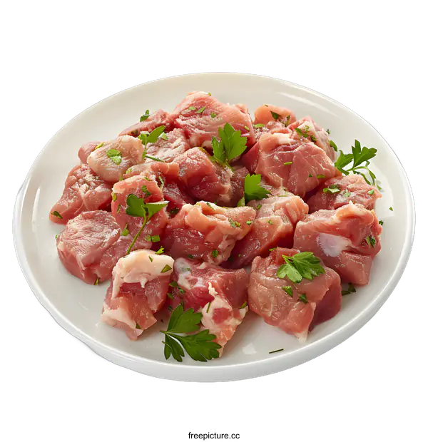 [Transparent Background PNG]diced raw meat with parsley on white plate
