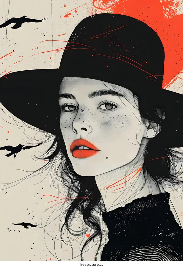 Woman with Wide Brim Hat and Birds