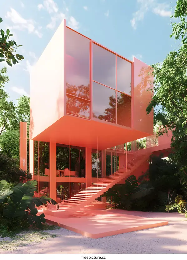 Modern Pink House with Glass Windows and Stairs