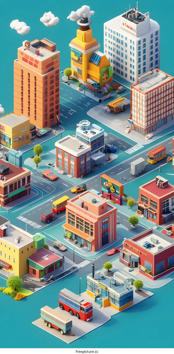 Colorful Isometric Cityscape with Buildings, Vehicles, and Trees