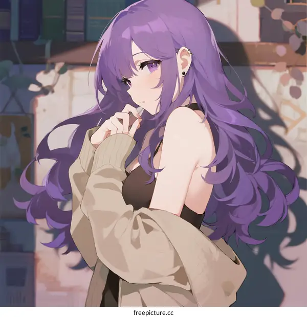 A Young Purple Haired Anime Girl Wearing a Casual Cardigan