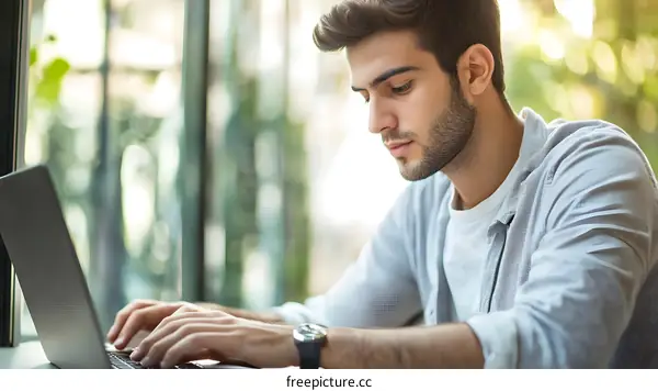 Man Working on Laptop in Cafe