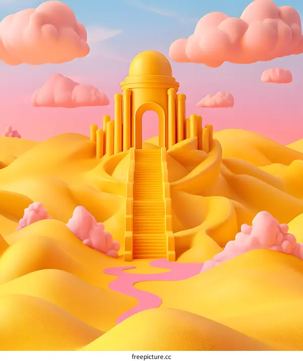 3D Yellow and Pink Abstract Landscape with Archway