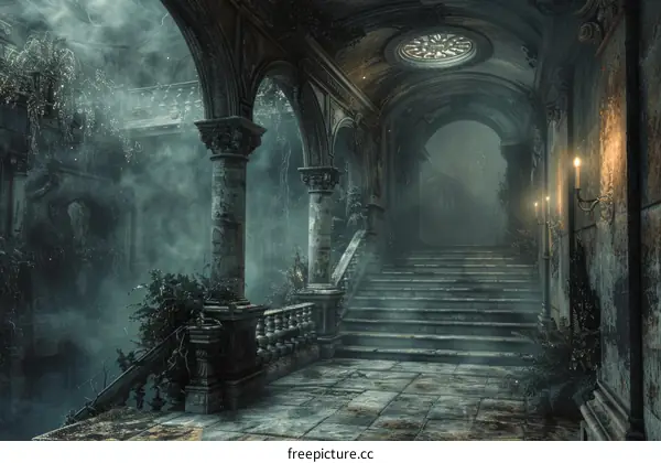 A Dark and Gloomy Hallway with a Staircase Leading up to a Large Door