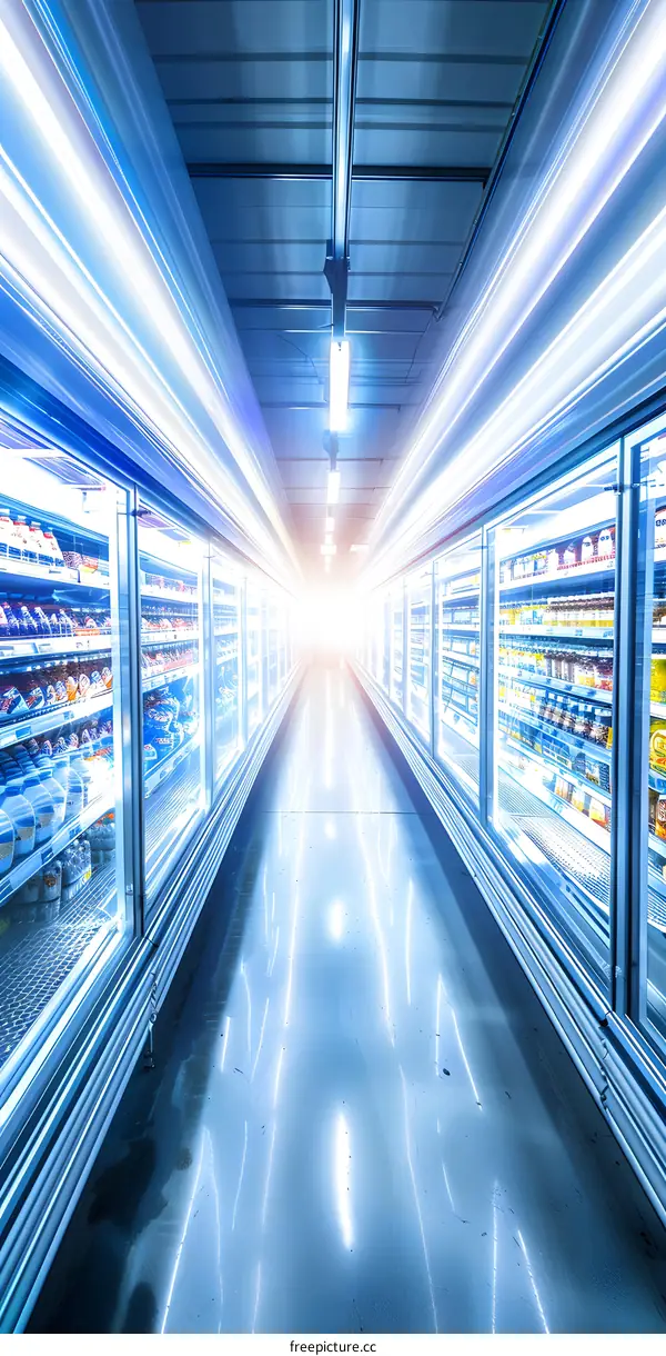 Supermarket Aisle with Bright Lights and Products on Shelves