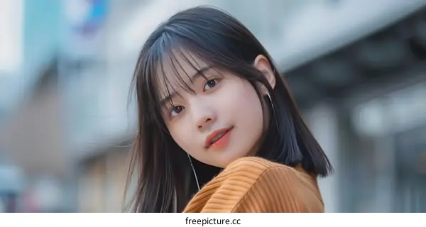 Young Asian Woman with Short Hair Looking Over Her Shoulder