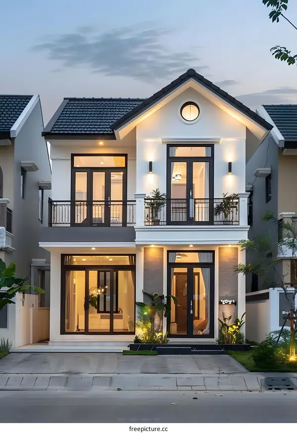 Modern Two Story House with Balcony and Large Windows