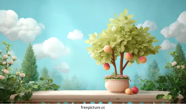 Beautiful Peach Tree Illustration in a Potted Garden Setting