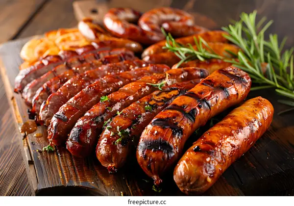 Closeup of Grilled Sausages on Wooden Cutting Board
