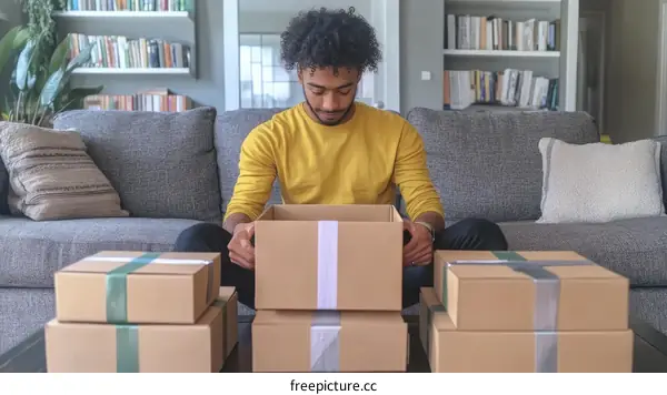 Young Man Unpacking Moving Boxes at Home
