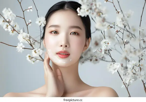 Asian Woman with White Flowers for Skin Care Product