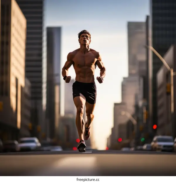 muscular man running in urban city street