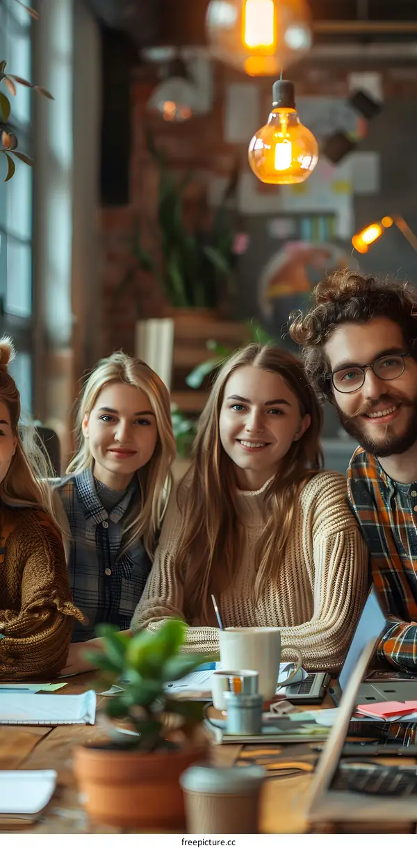 portrait of a group of young people sitting at a table and smiling at the camera