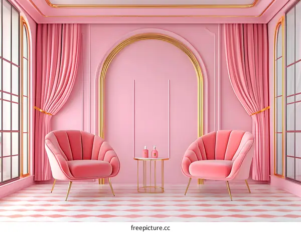 Pink Living Room with Golden Trim and Velvet Chairs