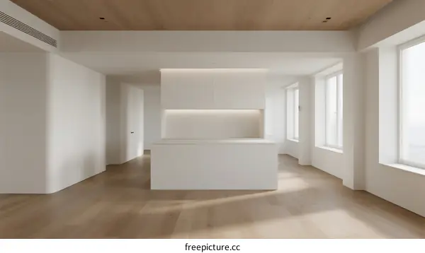 Modern minimalist interior space with white walls and wooden floors