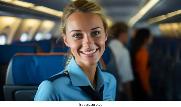 Portrait of a smiling stewardess with blonde hair and blue eyes in the cabin of an airplane